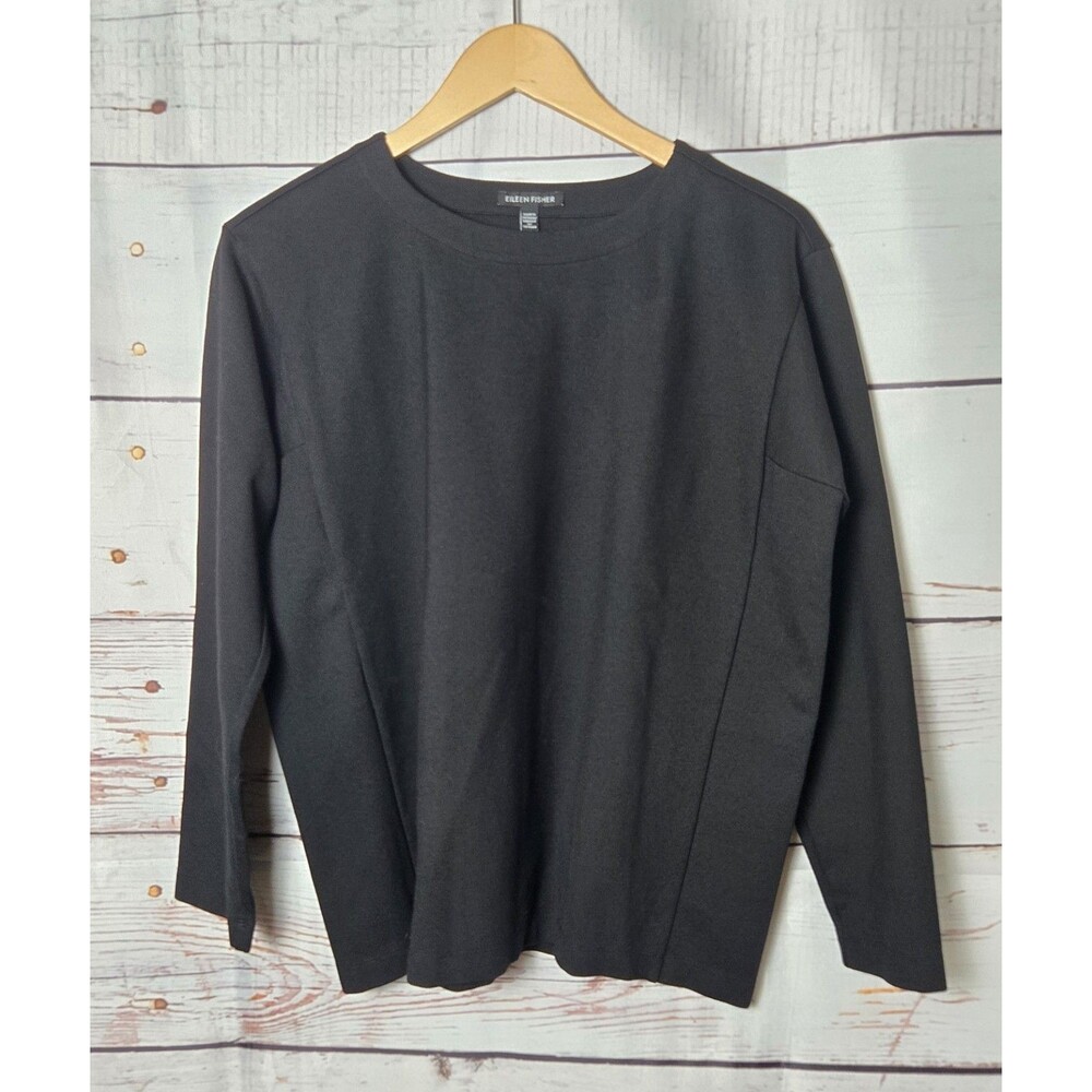 Eileen Fisher Womens Top Size Medium Black Tencel Crew Neck Long Sleeve Classic